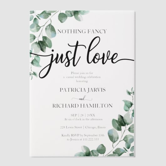 Niets Fancy gewoon Love Wedding Reception Greenery Vellum Uitnodigingen (Voorkant)