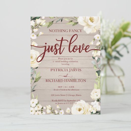 Niets Fancy gewoon Love Wedding Rustic Floral Kaart (Staand voorkant)
