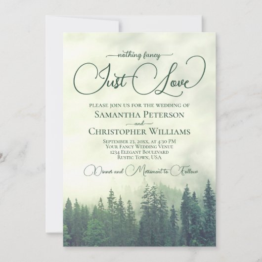 Niets Fancy gewoon van Foggy Green Pines Weddensch Kaart (Voorkant)