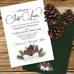 Niets Fancy gewoon van Rustic Pinecones Wedding Kaart<br><div class="desc">Deze mooie trouwuitnodiging is een prachtig ontwerp met een cluster van pinecones en dennentakken verbonden met een witte satijnboeg. De rubriek is geschreven in fancy schrift en luidt: Niets Fancy,  Gewoon liefde. De achterkant is een diep gemarmerde bosgroene kleur. Perfect voor een winter,  buitenshuis,  of vakantie de bruiloft.</div>