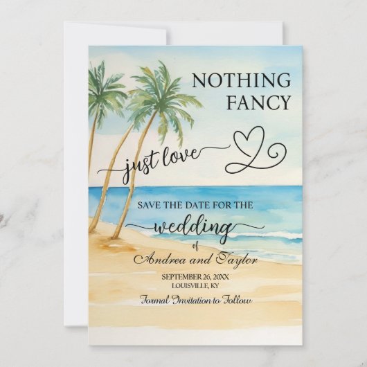 Niets Fancy, gewoon van strand en palmbomen houden Save The Date (Voorkant)