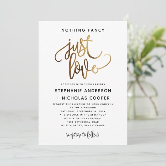 Niets Fancy Just Love Gold Script Typografie Kaart (Staand voorkant)