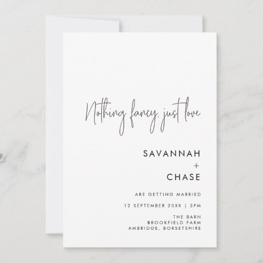 Niets Fancy Just Love Minimalist Wedding Invitat Kaart (Voorkant)