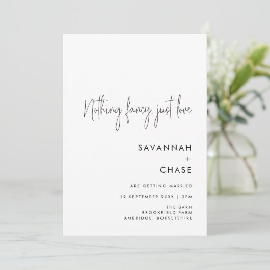 Niets Fancy Just Love Minimalist Wedding Invitat Kaart (Staand voorkant)