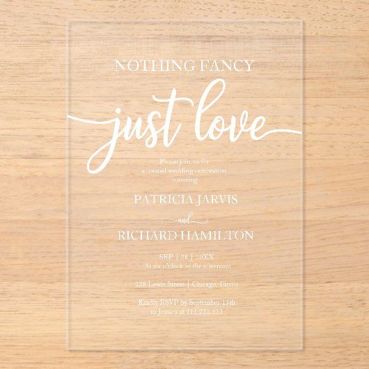 Niets Fancy Liefde Weddenschap Acryl Uitnodigingen (Voorkant)