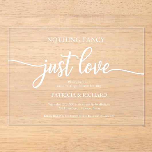 Niets Fancy Liefde Weddenschap Acryl Uitnodigingen (Voorkant)