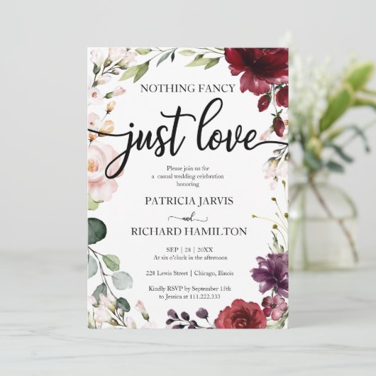 Niets Fancy Liefde Weddenschap Burgundy Floral Kaart (Staand voorkant)