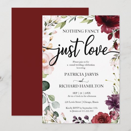 Niets Fancy Liefde Weddenschap Burgundy Floral Kaart (Voorkant / Achterkant)