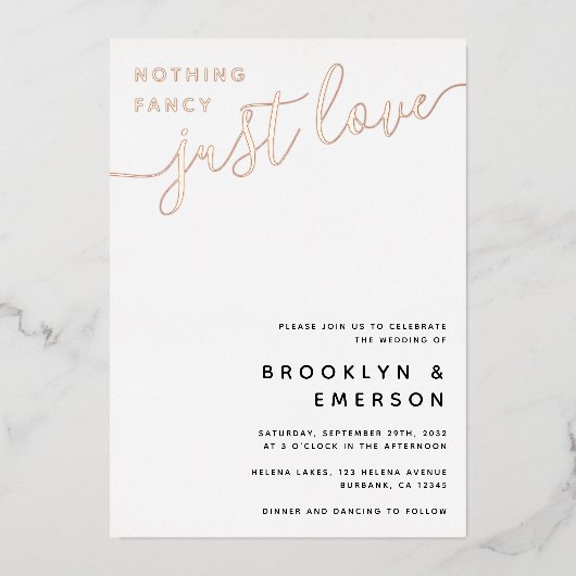 Niets Fancy Liefde Weddenschap Folie Uitnodiging (Voorkant)