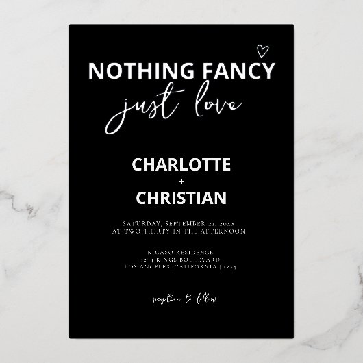 Niets Fancy, maar liefdesminimalistisch huwelijk Folie Uitnodiging (Voorkant)