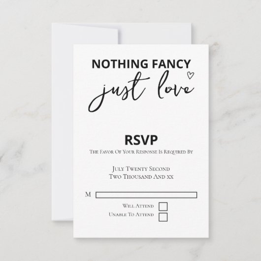 Niets Fancy, maar liefdesminimalistisch huwelijk RSVP Kaartje (Voorkant)