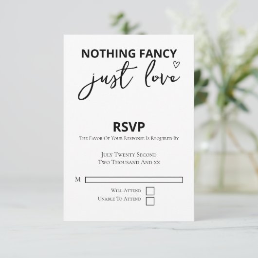 Niets Fancy, maar liefdesminimalistisch huwelijk RSVP Kaartje (Staand voorkant)
