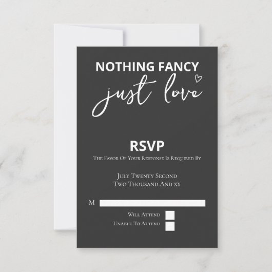 Niets Fancy, maar liefdesminimalistisch huwelijk RSVP Kaartje (Voorkant)