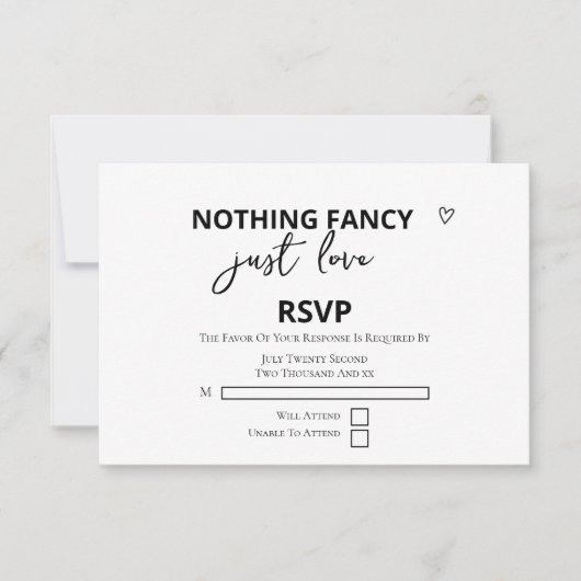 Niets Fancy, maar liefdesminimalistisch huwelijk RSVP Kaartje (Voorkant)