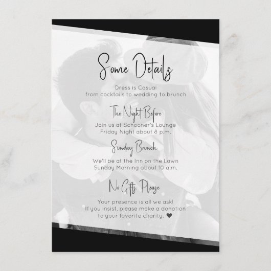 Niets Fancy Moderne Casual bruiloft Details Informatiekaartje (Voorkant)