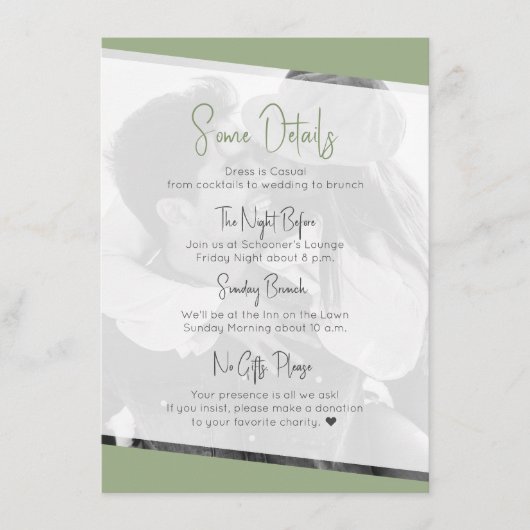 Niets Fancy Sage Groen Casual Bruiloft Details Informatiekaartje (Voorkant)