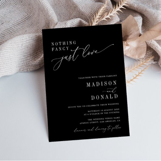 Niets fancy witte script zwarte bruiloft kaart