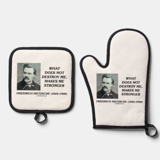 Nietzsche wat niet vernietigt maakt me sterker ovenwant & pannenlap set (Voorkant)