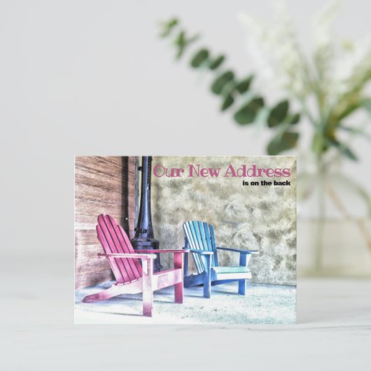 Nieuw adres Aankondiging Adirondack Chairs Porch Briefkaart (Staand voorkant)