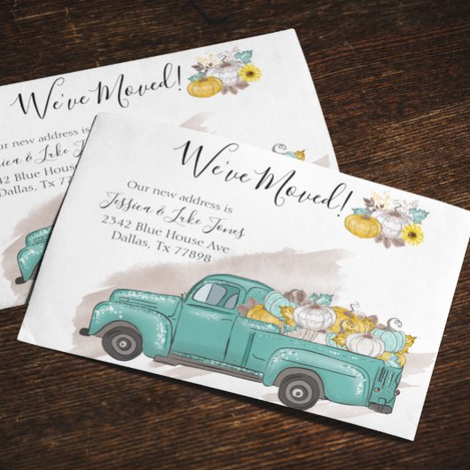 Nieuw adres Bewegende aankondiging pompoen Truck