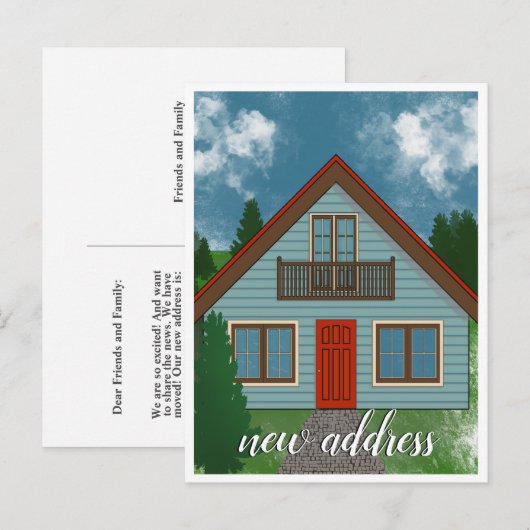 Nieuw adres | Blauw landhuis Rode Deurtekening Aankondigingskaart (Voorkant / Achterkant)