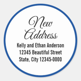 Nieuw adres blauw wit script bewegende aankondigin ronde sticker