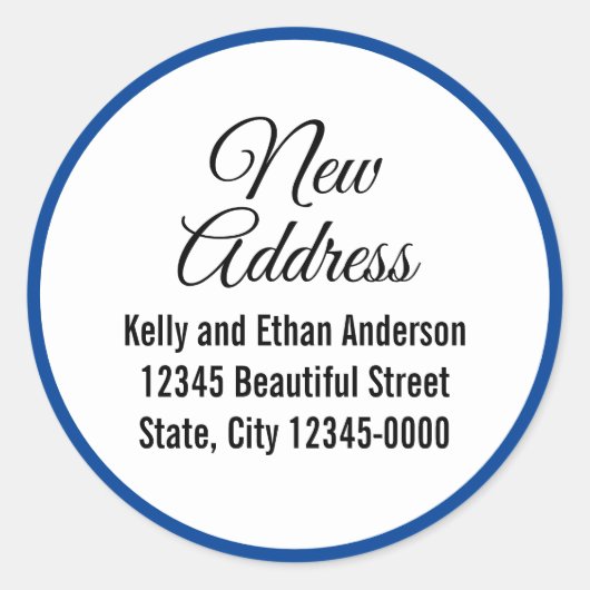 Nieuw adres blauw wit script bewegende aankondigin ronde sticker (Voorkant)