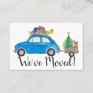 Nieuw Adres Blauwe Auto met Kerstcadeaus Visitekaartje