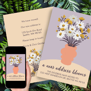 Nieuw adres Blooms Bewegende aankondiging Boeket