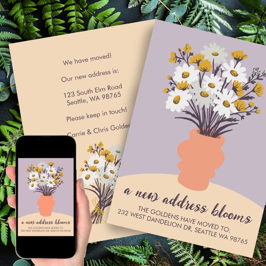 Nieuw adres Blooms Bewegende aankondiging Boeket
