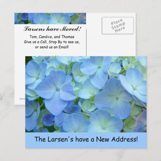 Nieuw adres briefkaarten Aankondigingen blauw (Voorkant / Achterkant)