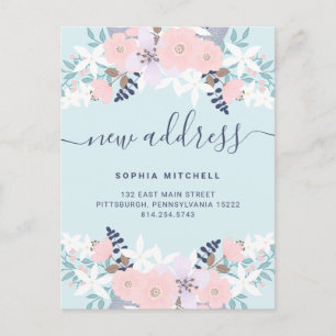 Nieuw adres Cute Blue Pastel Floral Moving Aankondigingskaart