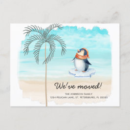 Nieuw adres Cute Penguin Florida Beach Moving Aankondigingskaart