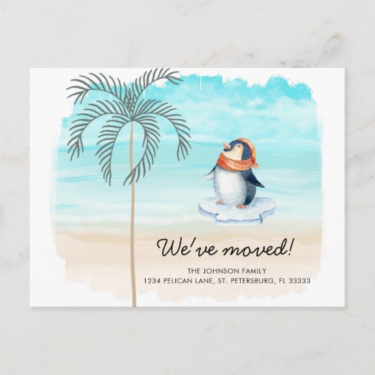 Nieuw adres Cute Penguin Florida Beach Moving Aankondigingskaart (Voorkant)
