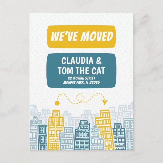 nieuw adres dat we cartoon city briefkaart verplaa (Voorkant)