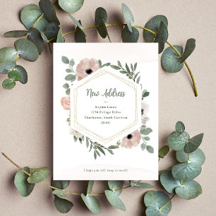 Nieuw adres Dusty Peach Flowers en Greenery Briefkaart