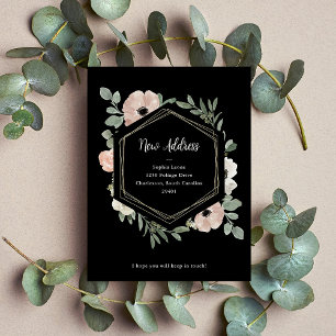 Nieuw adres   Dusty Peach Flowers on Black Briefkaart