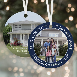 Nieuw adres Eerste Kerstmis 2 Foto Navy Blue Metalen Ornament