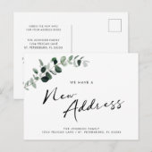 Nieuw adres Eucalyptus Chique Kalligrafie Bewegen Aankondigingskaart (Voorkant / Achterkant)