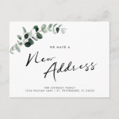 Nieuw adres Eucalyptus Chique Kalligrafie Bewegen Aankondigingskaart (Voorkant)