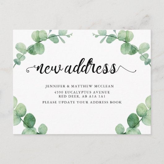 Nieuw adres Eucalyptus Leaf Botanische Calligrafie Briefkaart (Voorkant)