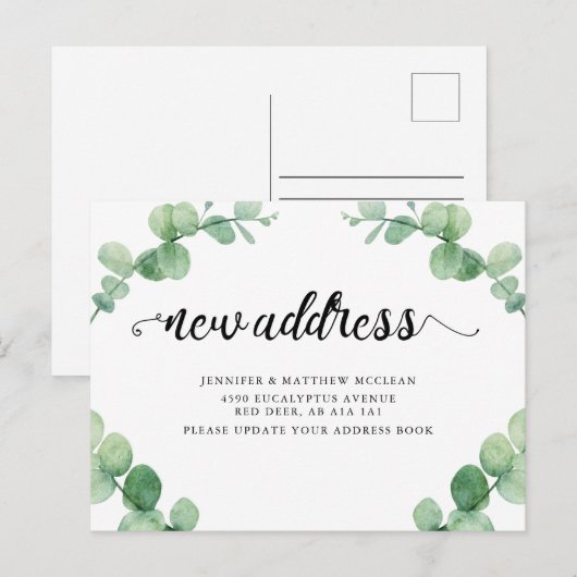 Nieuw adres Eucalyptus Leaf Botanische Calligrafie Briefkaart (Voorkant / Achterkant)