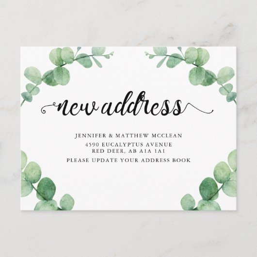 Nieuw adres Eucalyptus Leaf Botanische Calligrafie Briefkaart (Voorkant)