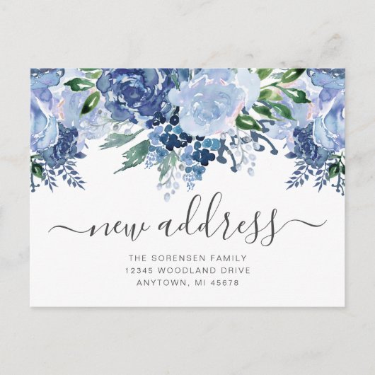 Nieuw Adres Floral Dusty Blue Moving Announge Briefkaart (Voorkant)