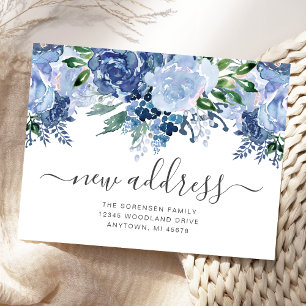 Nieuw Adres Floral Dusty Blue Moving Announge Briefkaart