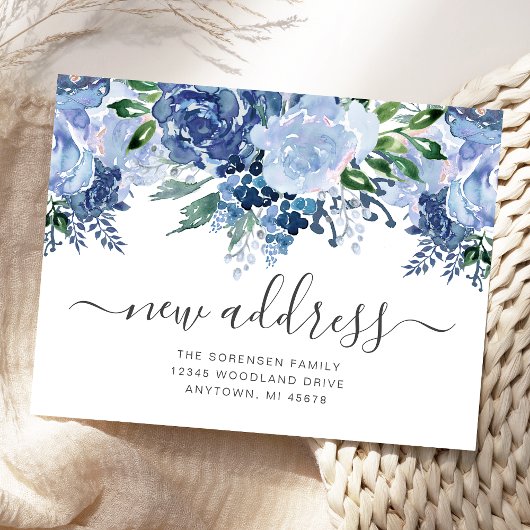 Nieuw Adres Floral Dusty Blue Moving Announge Briefkaart
