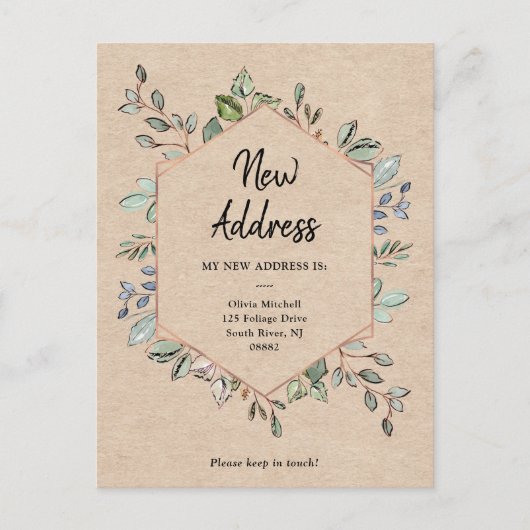 Nieuw adres Geo Foliage Kraft Moving Aankondiging Briefkaart (Voorkant)