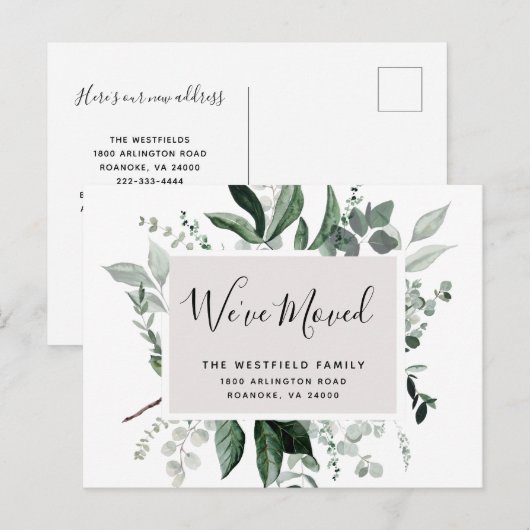 Nieuw Adres Groene Eucalyptus Botanische Beweging Aankondigingskaart (Voorkant / Achterkant)