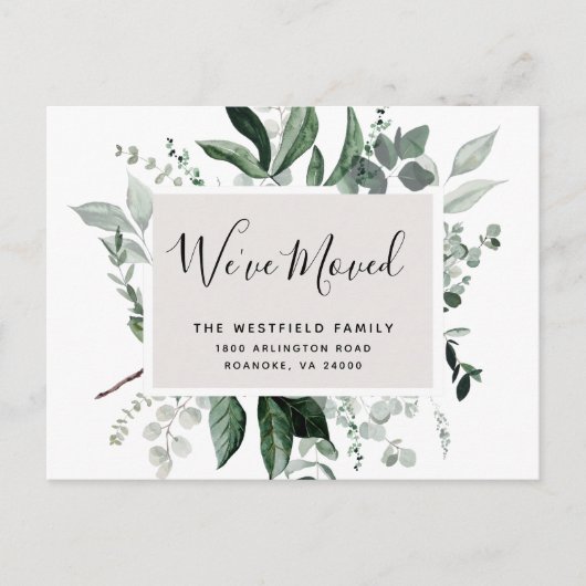 Nieuw Adres Groene Eucalyptus Botanische Beweging Aankondigingskaart (Voorkant)