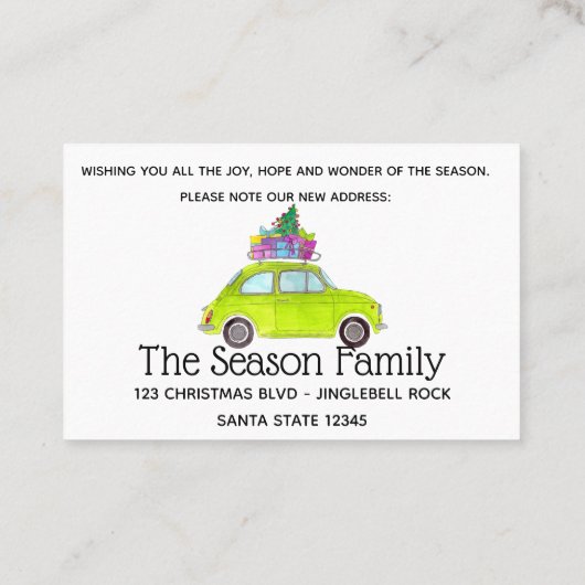Nieuw adres Groene Fiat 500 met kerstcadeaus Visitekaartje (Achterkant)